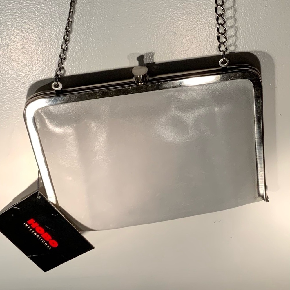 Hobo International  Leather Handbag Framed Chain Link Strap Thin Silver Tone.